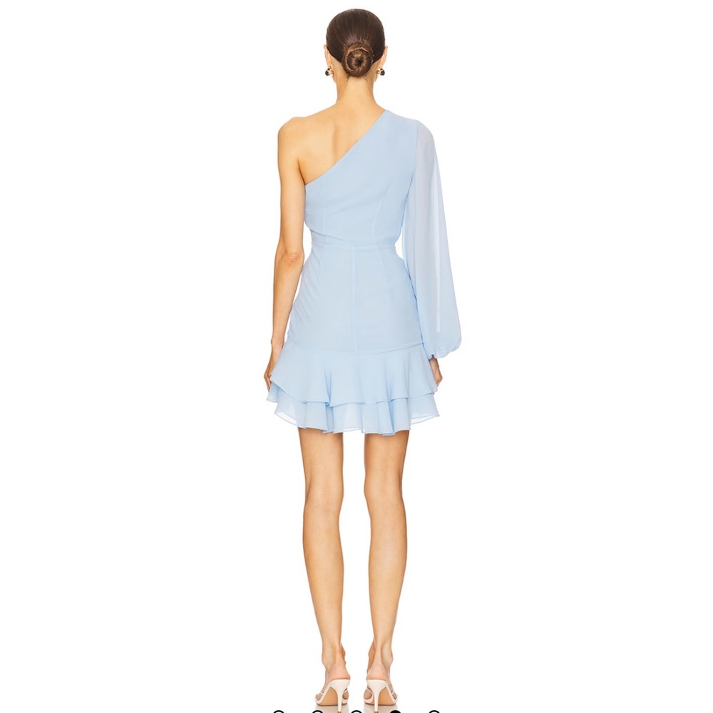 One-Shoulder Light Blue Ruffle Mini Dress - Picture 4 of 9